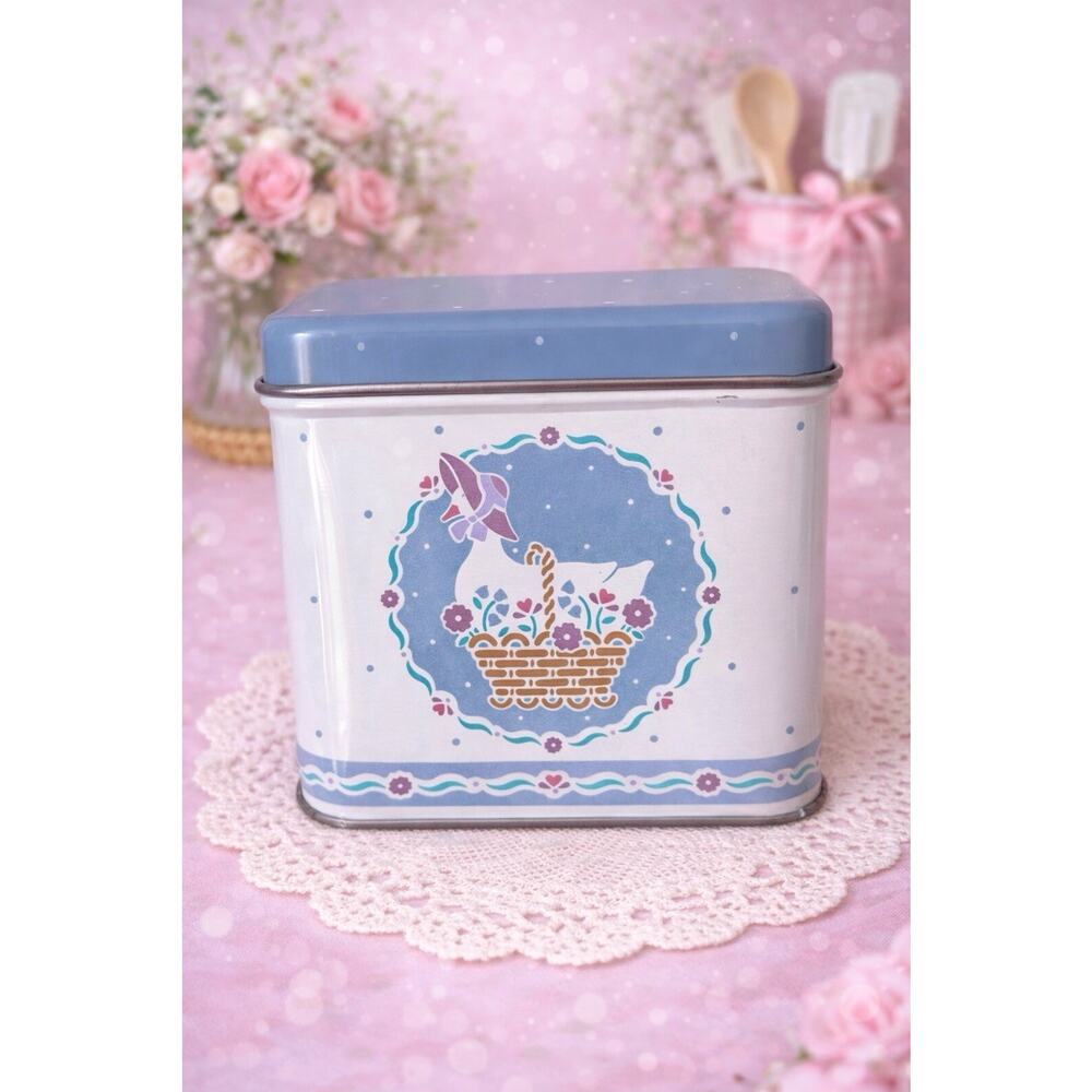 Vintage Goose Design Decorative Tin Box Blue White Pink Cottage Collectible